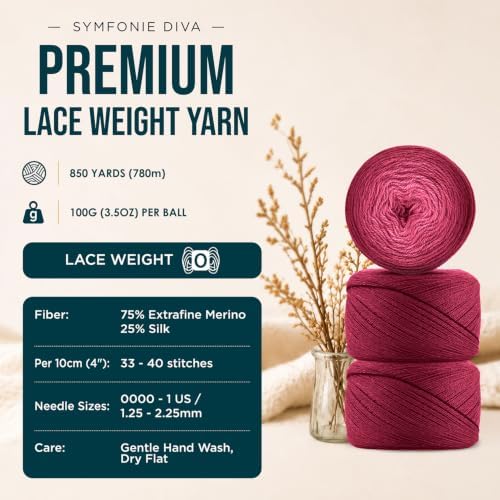 KnitPro Symfonie Lace Weight Merino Wool Yarn, 850yds, 100g, Winewash