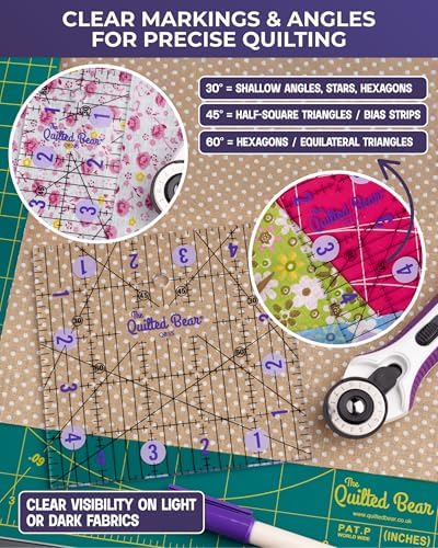 The Quilted Bear Square Quilting Ruler, Transparent Acrylic, 6.5" x
