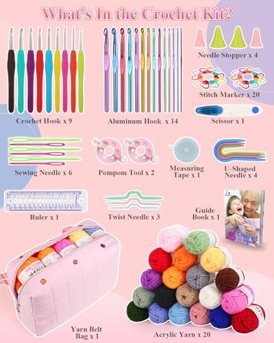 Aeelike Crochet Kit for Beginners Adults, Complete Yarn Kit, Pink