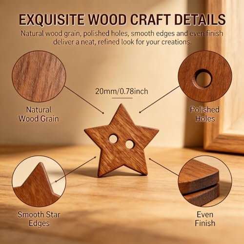 50PCS Five-Pointed Star Wooden Button Natural Vintage 20mm Hand-Sewn