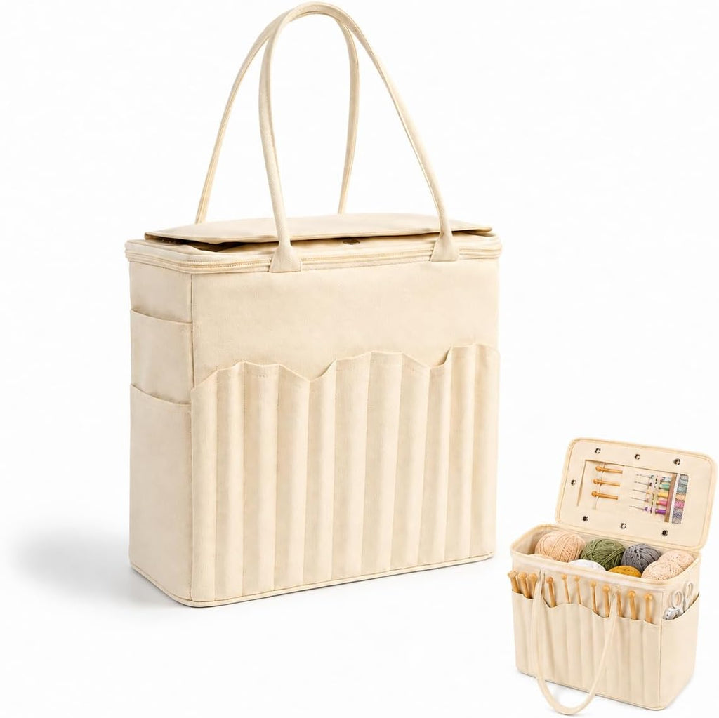 Large Canvas Yarn Storage Bag, Portable Crochet Organizer,White