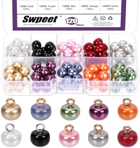 Swpeet 120Pcs 10mm 10 Color Half Pearl Buttons Assortment Kit