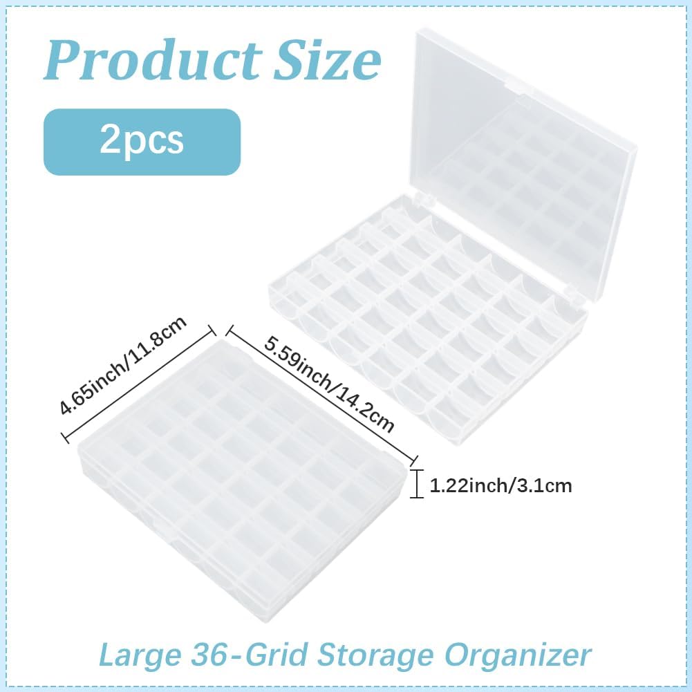 2Pcs 36 Slots Empty Bobbins Spools Box, Transparent Bobbin Organizer