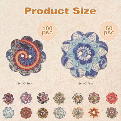 150 PCS Mixed Pattern Vintage Wood Buttons, Vintage Buttons with 2