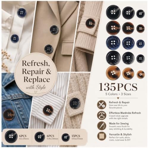 Assorted Buttons for Sewing Crafts,135Pcs 4-Hole Round Blazer Buttons