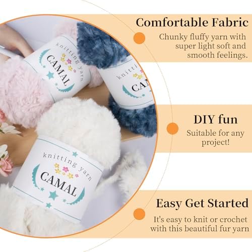 CAMAL Soft Faux Fur Yarn for Crocheting Blanket, 65 Yards Chunky