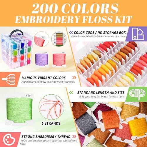 BYMORE 200-Color Embroidery Floss Kit – 262 Pieces