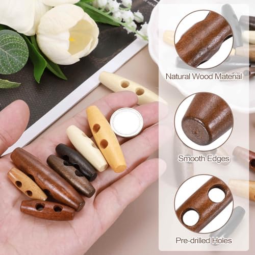 MECCANIXITY 24Pcs Wooden Toggle Button 40mm/1.6" 2 Hole Red Coffee