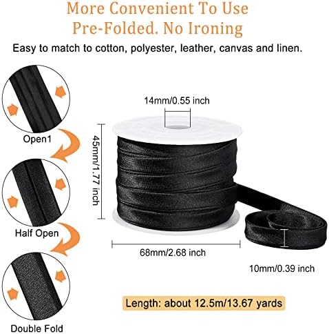 BENECREAT Satin Bias Tape, 3/8 Inch Black Double Fold Ribbon