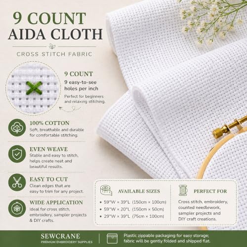 9 Count Aida Cloth Cross Stitch Fabric, White, 29" W x 39" L