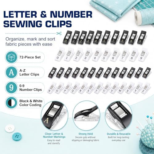 72 Pcs Classic Alpha Sewing Clips for Quilting, Black, White