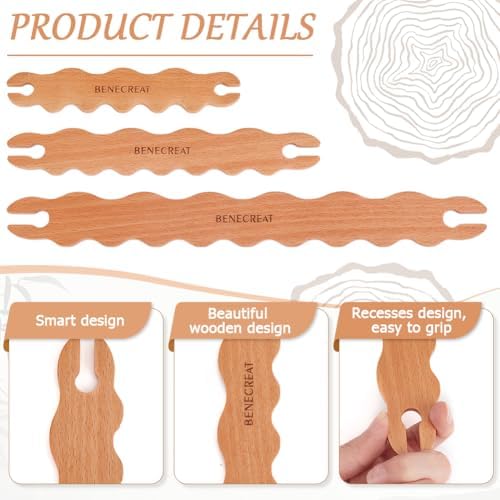 BENECREAT 3 Pcs Wooden Weaving Tool, Wavy Stick Shuttles Beech Wood