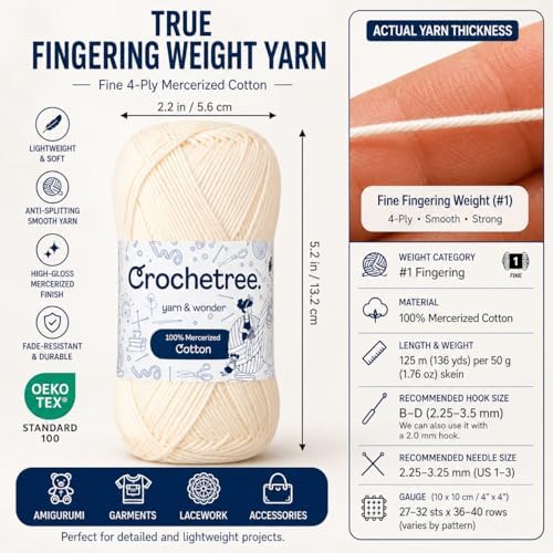 Mercerized Cotton Yarn for Crochet & Knitting – Fingering Weight