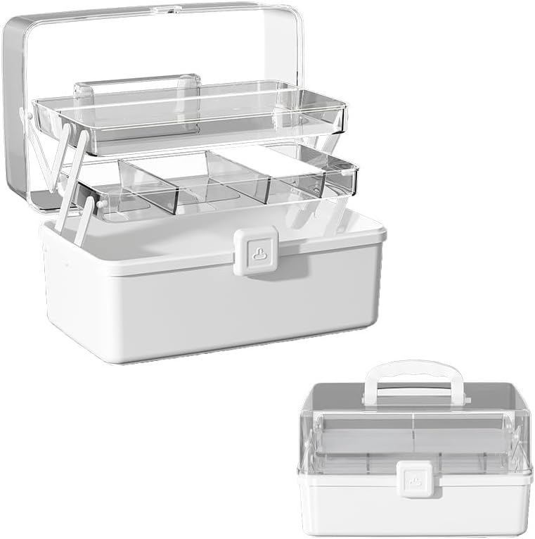 Large 3-Layer Craft Storage Box with Handle, White