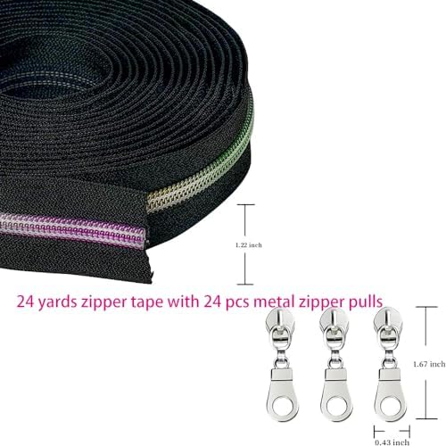 #5 Zippers for Sewing,Rainbow Teeth Nylon Zipper by The Yard,24 Yards