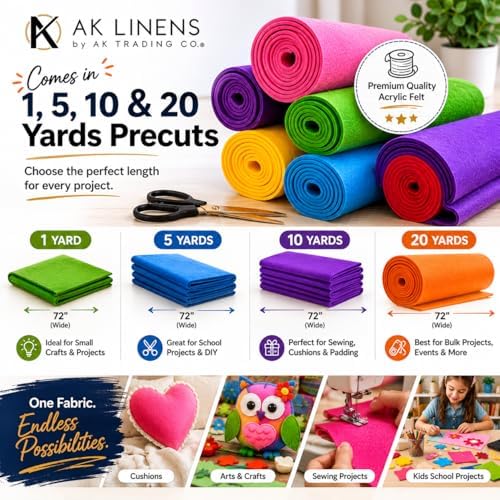 AK TRADING CO. 72-Inch Wide 1/16” Thick Acrylic Felt Fabric for Arts &