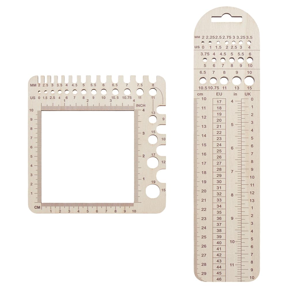 AHANDMAKER 2Pcs Wood Knitting Gauge Rulers, 2 Styles Knitting Needle