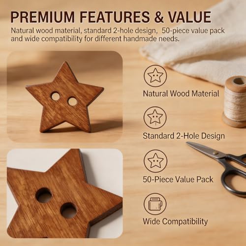 50PCS Five-Pointed Star Wooden Button Natural Vintage 20mm Hand-Sewn