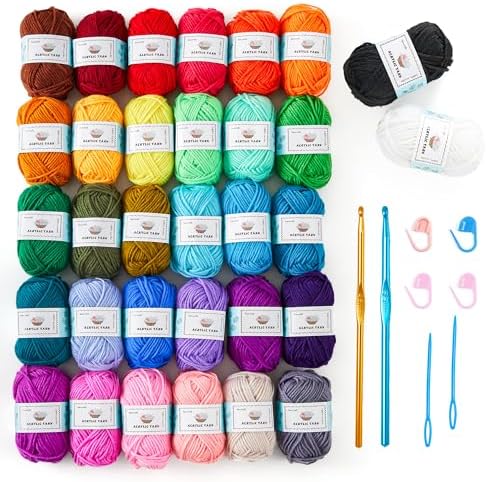 Inscraft Crochet Yarn Kit for Beginners, 1440 Yards 32 Colors Acrylic Yarn Skeins, 2 Crochet Hooks, 2 Weaving Needles, 4 Stitch Markers, 1 Bag - Field & Needlecraft