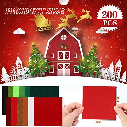 Macarrie 200 Pcs Christmas Felt Fabric Sheets 4x4 Inch 1mm Thick