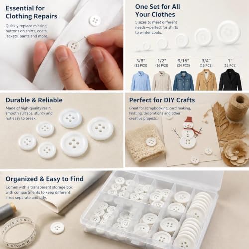 ilauke White Buttons 100 Pcs Set, Sewing Buttons for Clothes