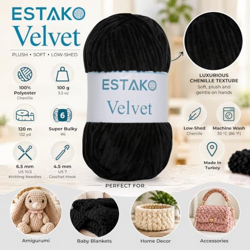 Estako Velvet Yarn for Crocheting, Super Bulky Chenille Yarn, Black
