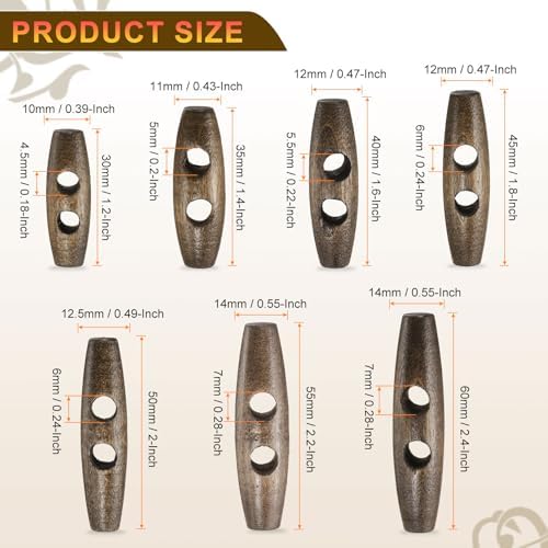 HARFINGTON 30mm / 1.2" Wooden Toggle Buttons 10pcs 2-Hole, Brown