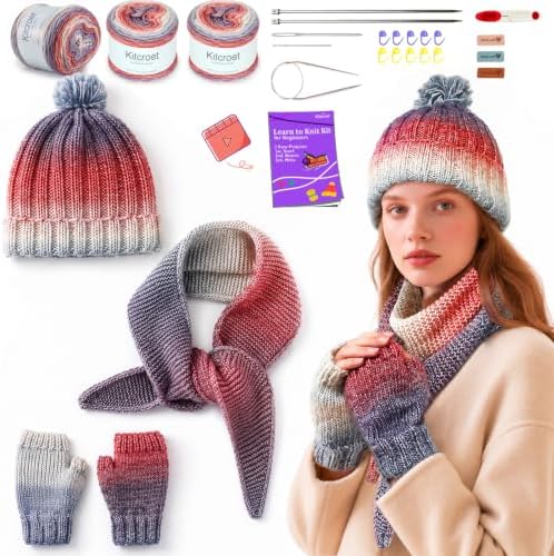 Complete Knitting Kit for Beginners, Scarf, Hat & Gloves, Amethyst Ombre - Field & Needlecraft