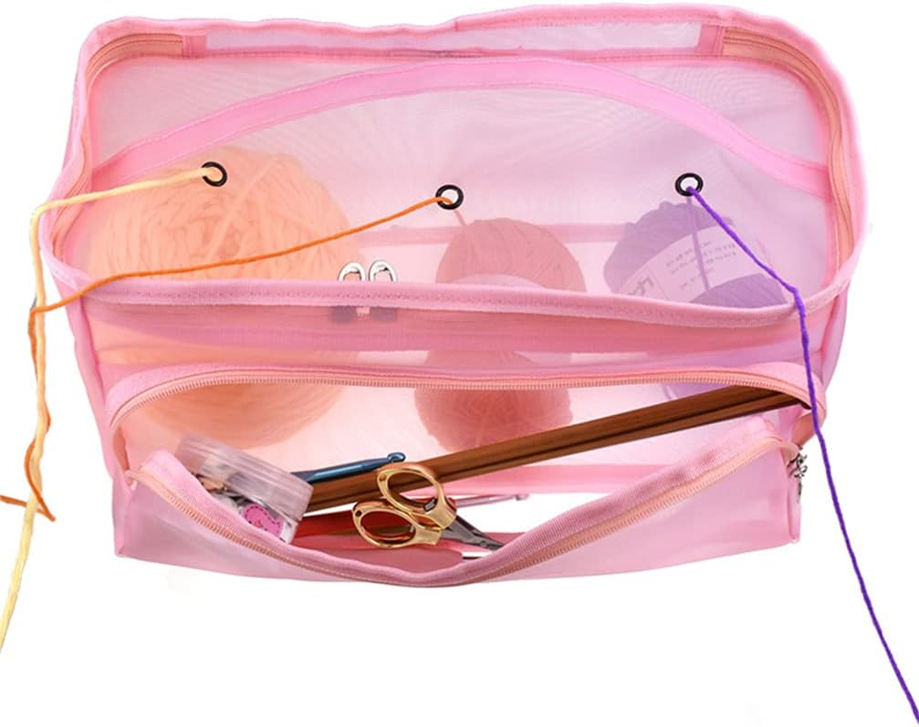 EXCEART Pink Yarn Tote Bag Knitting Tool Storage Mesh Organizer Case