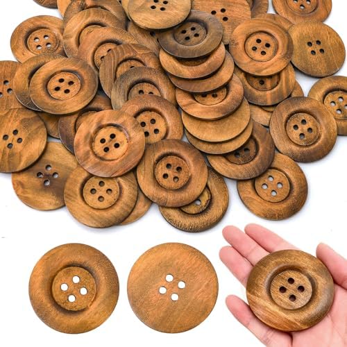 Frcctre 50 Pcs Large Wood Buttons, 2.36 Inch/60mm 4 Holes Round Bulk
