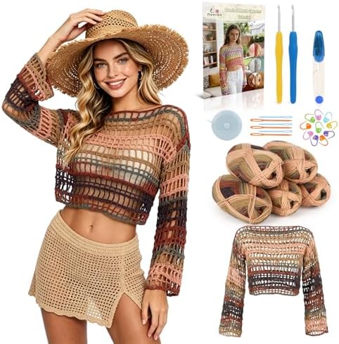 Aeelike Crochet Kit for Adults,Women Beach Crochet Top,Brown Cotton