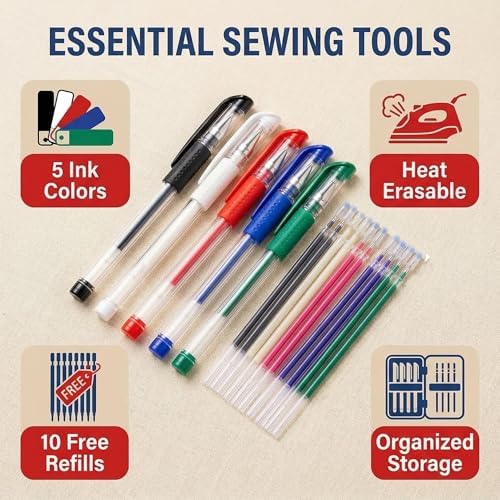 ibotti 5‐Color Heat Erasable Fabric Marking Pens, 10 Free Refills