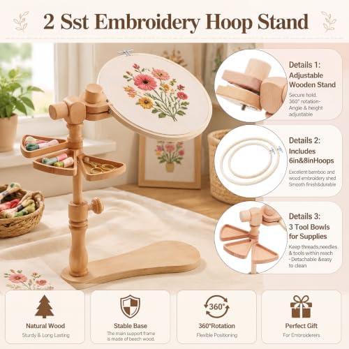 Novabright 2 Pack Beech Wood Embroidery Hoop Stand with 6" 8" Hoop and