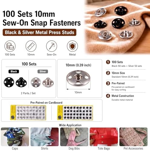 Meikeer 100 Sets 10mm Sew-On Snap Buttons