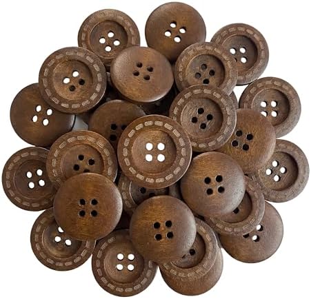 MTCELL 50 Pcs Brown Classic Wooden Buttons, 1-Inch (25mm), 4 Holes