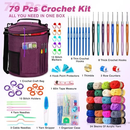 Crochet Kit for Beginners, 79 Pcs with 24 Colors Yarn & Storage Bag