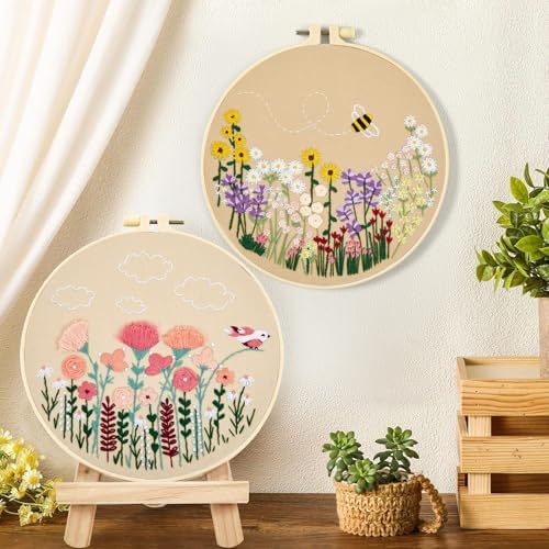 Flowers Embroidery Kits for Beginners, 2 Hoops