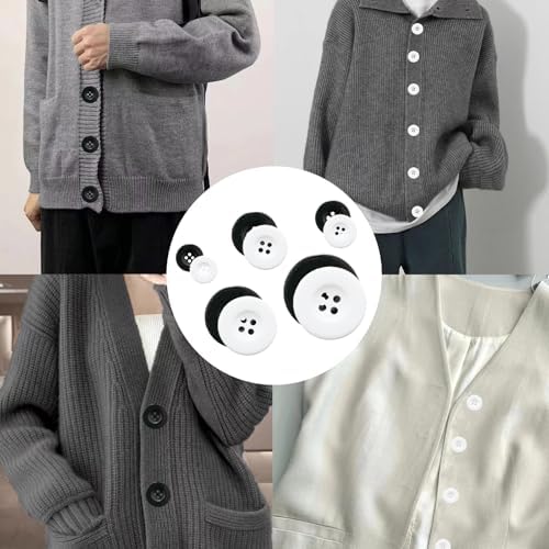 Lilaly 100 pcs Black and White Buttons for Crafts, 5 Sizes Mixed Wide