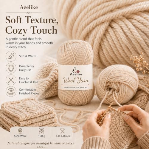 Aeelike Wool Blend Yarn for Knitting & Crochet, #4 Medium Weight