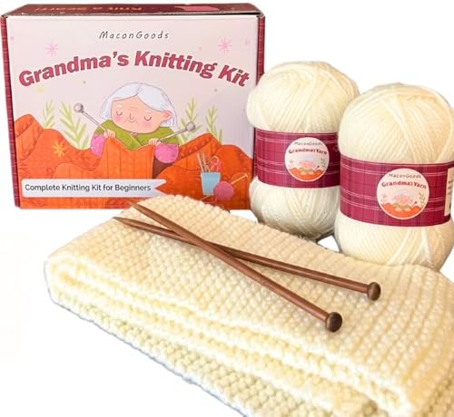 MaconGoods Grandma's Knitting Kit - Complete Knitting Kit for Beginners - Includes Beginner Yarn, Bamboo Needles, Video Tutorial - Field & Needlecraft