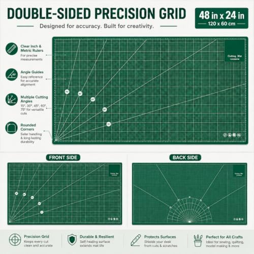 Self Healing Cutting Mat 48" x 24", Double Sided Grid,Green