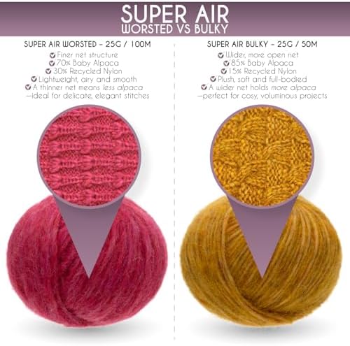 Super Air Worsted Yarn, Air-Spun Alpaca Fiber, Lightweight, 4 Skeins