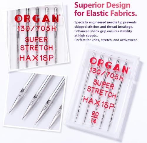 Organ Super Stretch Sewing Machine Needles, Size 90/14 (5 Pack)