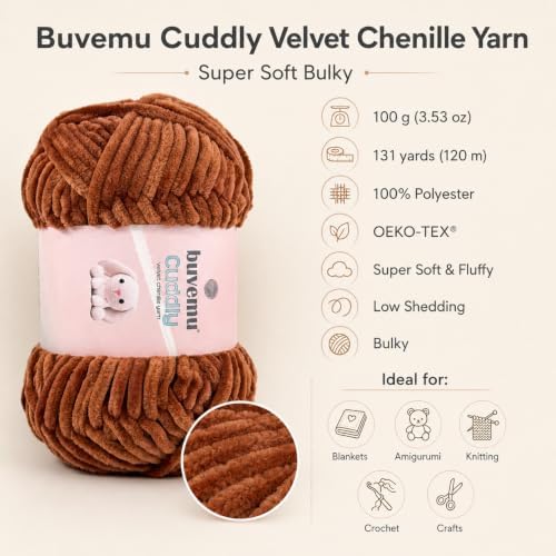 Cuddly Velvet Chenille Yarn, Super Soft Bulky, Brown