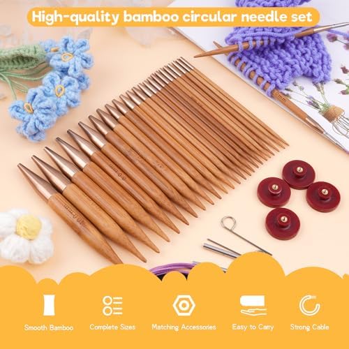 Weabetfu Bamboo Interchangeable Circular Knitting Needles, 13 Pair