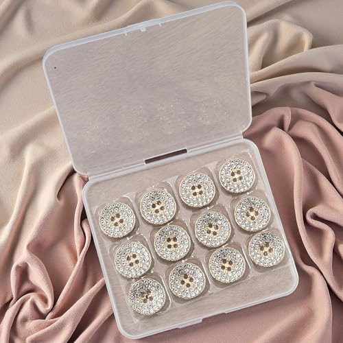 12-Pack Round 4-Hole Full Rhinestone Buttons Shiny Back, Crystal-Front