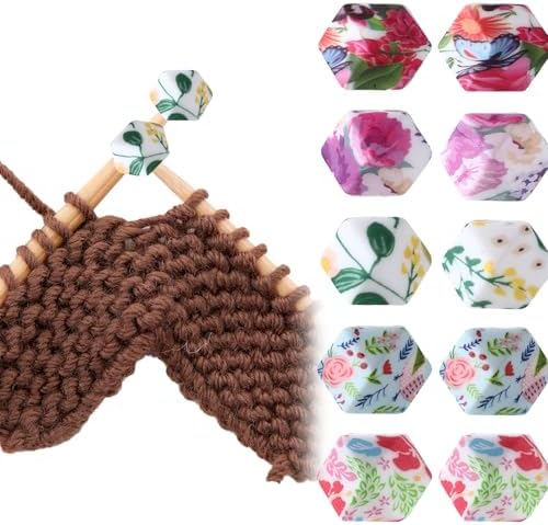 Tucnoeu 10 Pcs Hexagon Print Knitting Needle Stoppers, Print Knitting