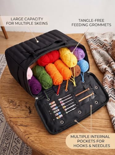 Large Canvas Knitting Bag Yarn Storage Organizer with Holes (Black)