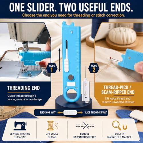 4-in-1 Sewing Needle Threader Tool with Magnifier, Magnet and Seam