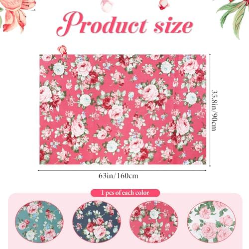 4 Pcs Floral Cotton Fabric by The Yard, 62 in×1 Yard Each, Rose